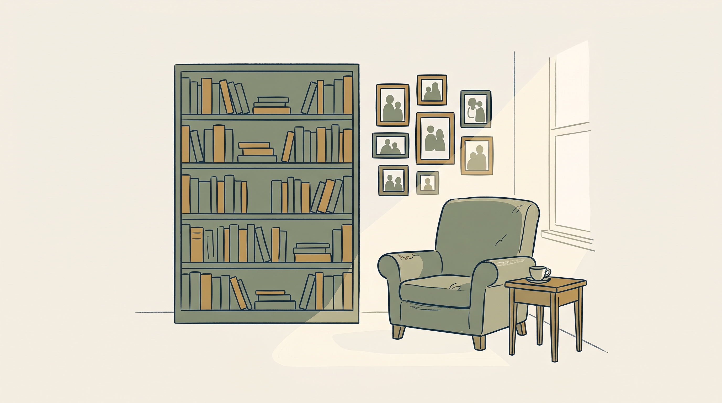 An illustration of a long-loved family home, full of books, framed photographs and a worn armchair in the late-afternoon light.